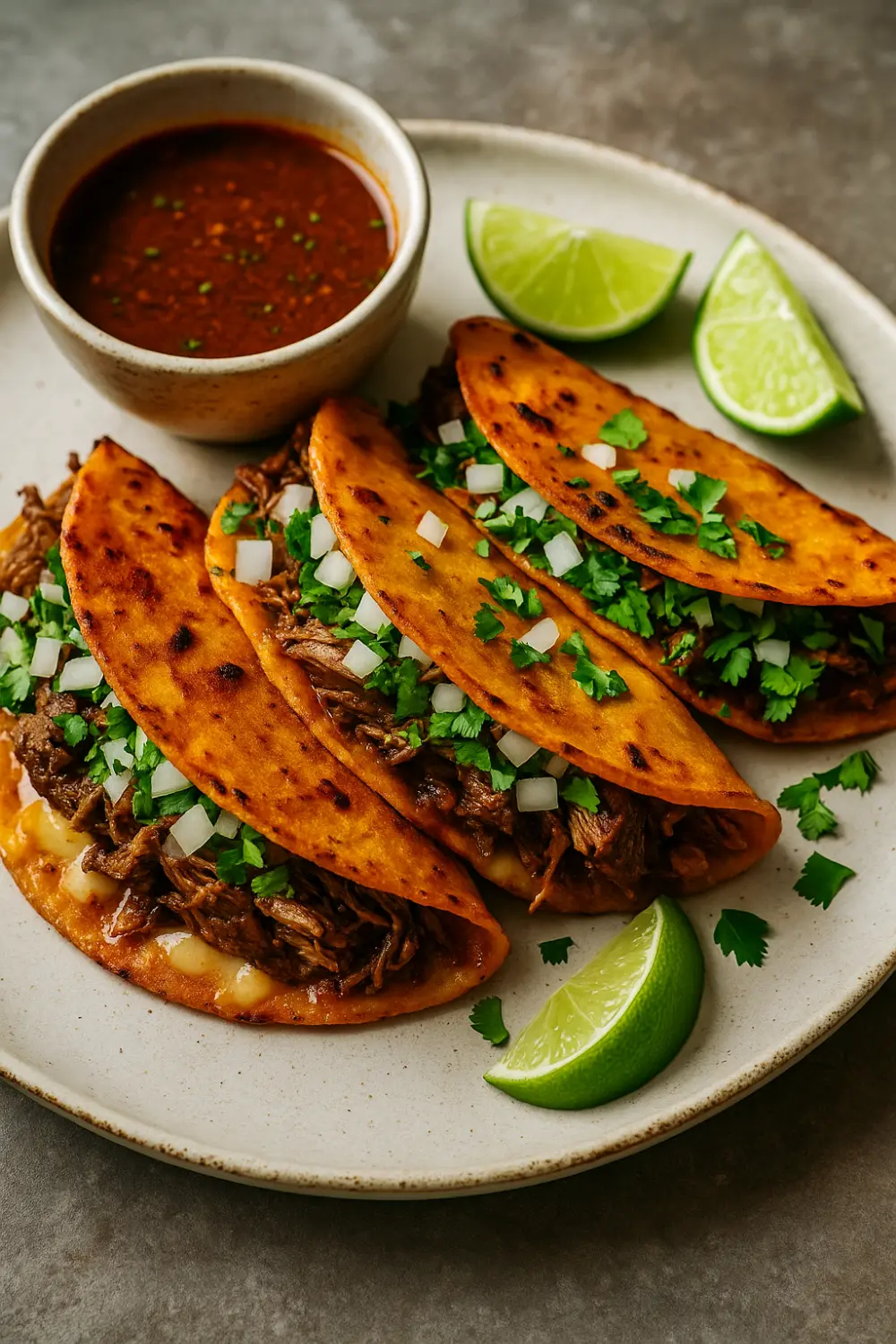 Crispy birria tacos served with consommé and lime wedges