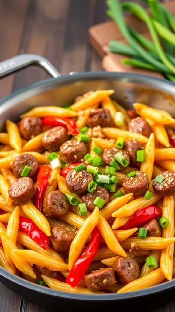 A skillet filled with Cajun sausage, penne pasta, and bell peppers, garnished with green onions.