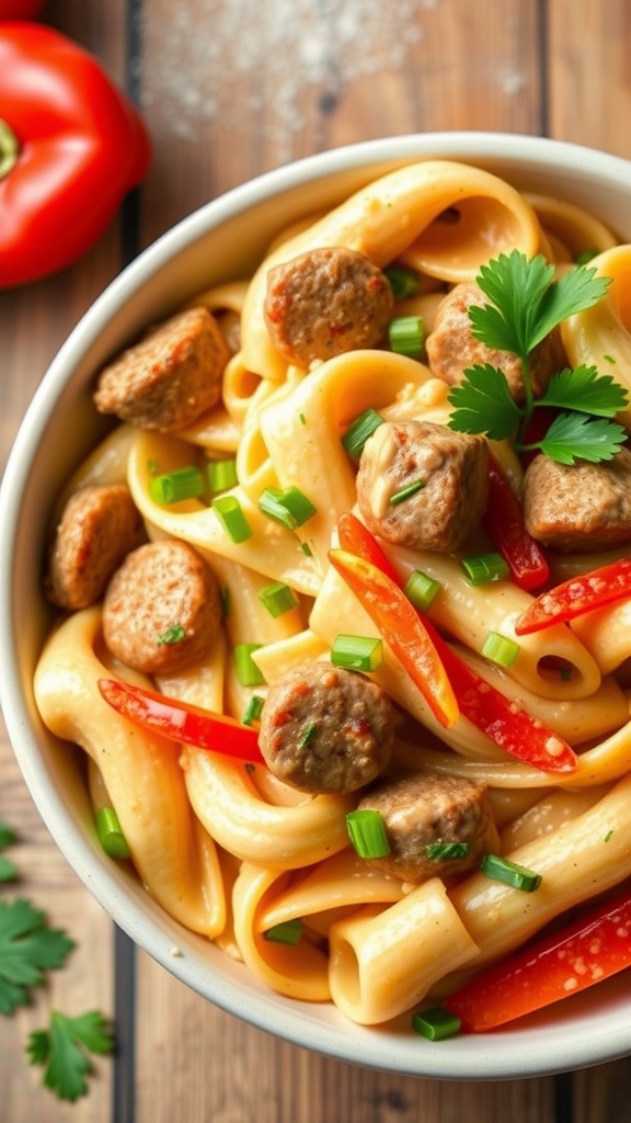 A bowl of creamy Cajun chicken sausage pasta with red bell peppers and green onions
