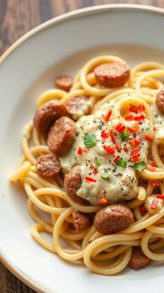 A plate of creamy Cajun sausage pasta with red peppers and herbs on top.