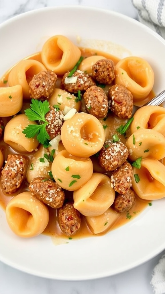 A bowl of creamy Cajun sausage tortellini with sausage balls and parsley garnish.