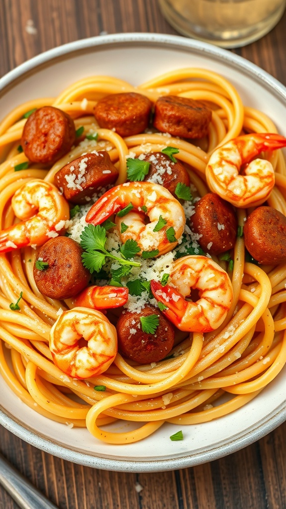 A bowl of creamy Cajun shrimp and sausage fettuccine topped with parsley.