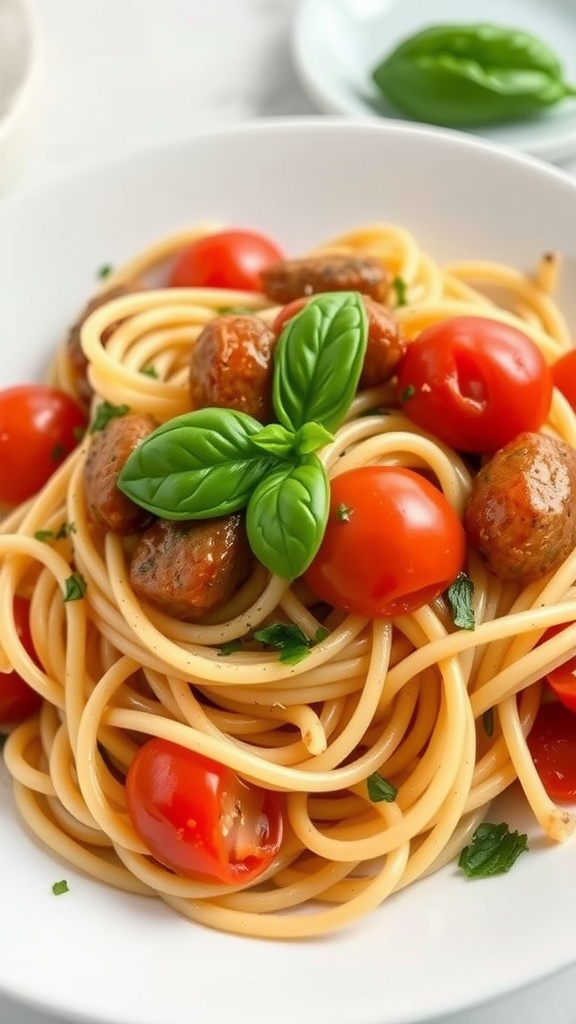 A bowl of creamy Cajun sausage pasta with linguine, cherry tomatoes, and fresh basil.