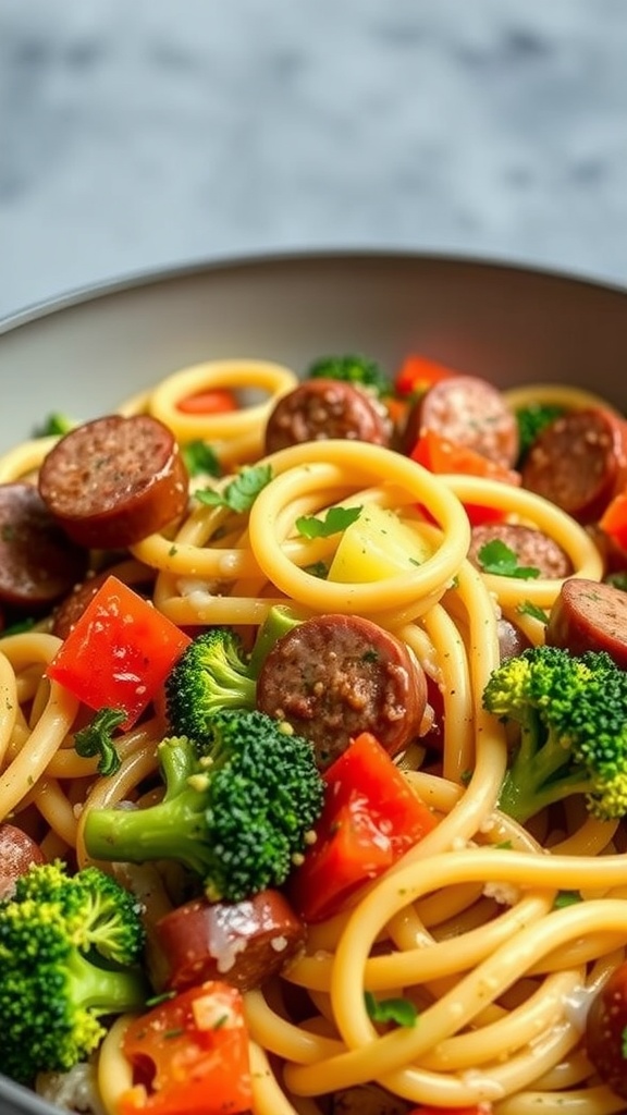 A bowl of creamy Cajun sausage pasta with broccoli and red bell peppers.