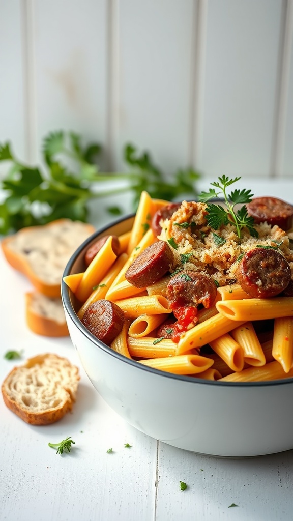 A bowl of creamy Cajun sausage pasta with penne, garnished with fresh herbs.