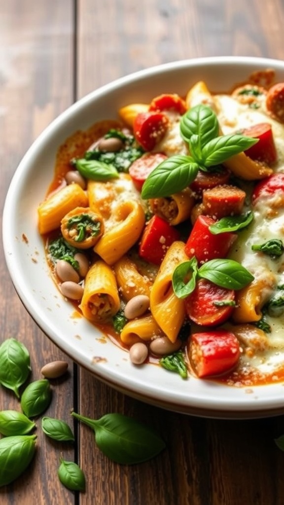 A bowl of creamy Cajun sausage pasta bake with spinach and tomatoes, garnished with fresh basil.