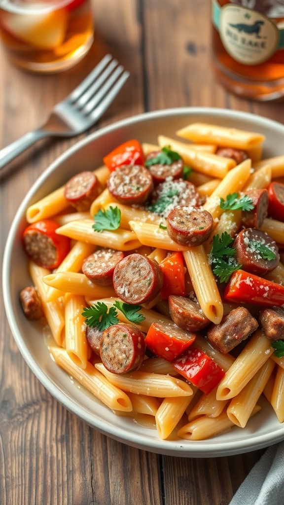 Creamy Cajun sausage pasta with penne, sausage, and bell peppers, garnished with parsley and Parmesan cheese.