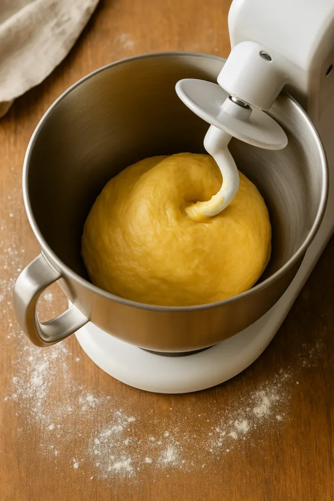 Brioche dough being kneaded in a stand mixer bowl with a dough hook.