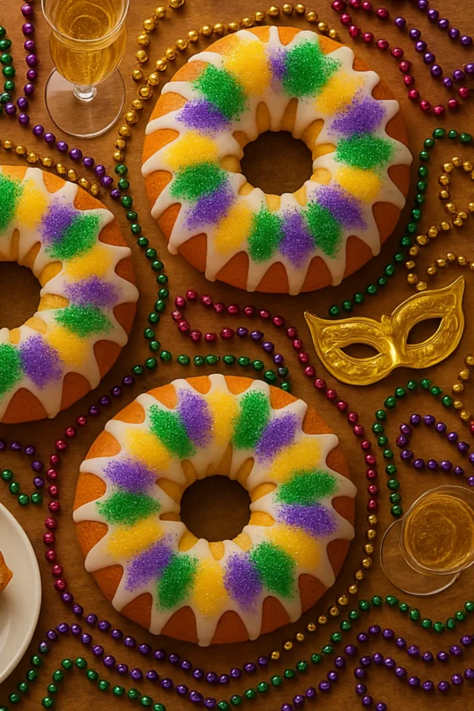 Slice of king cake filled with cream cheese and raspberry jam.