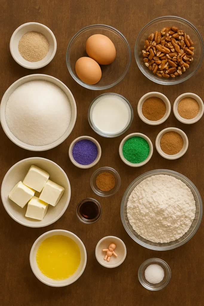 Ingredients for making king cake on a rustic wooden table.