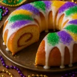 A slice of king cake served on a white plate with visible filling.