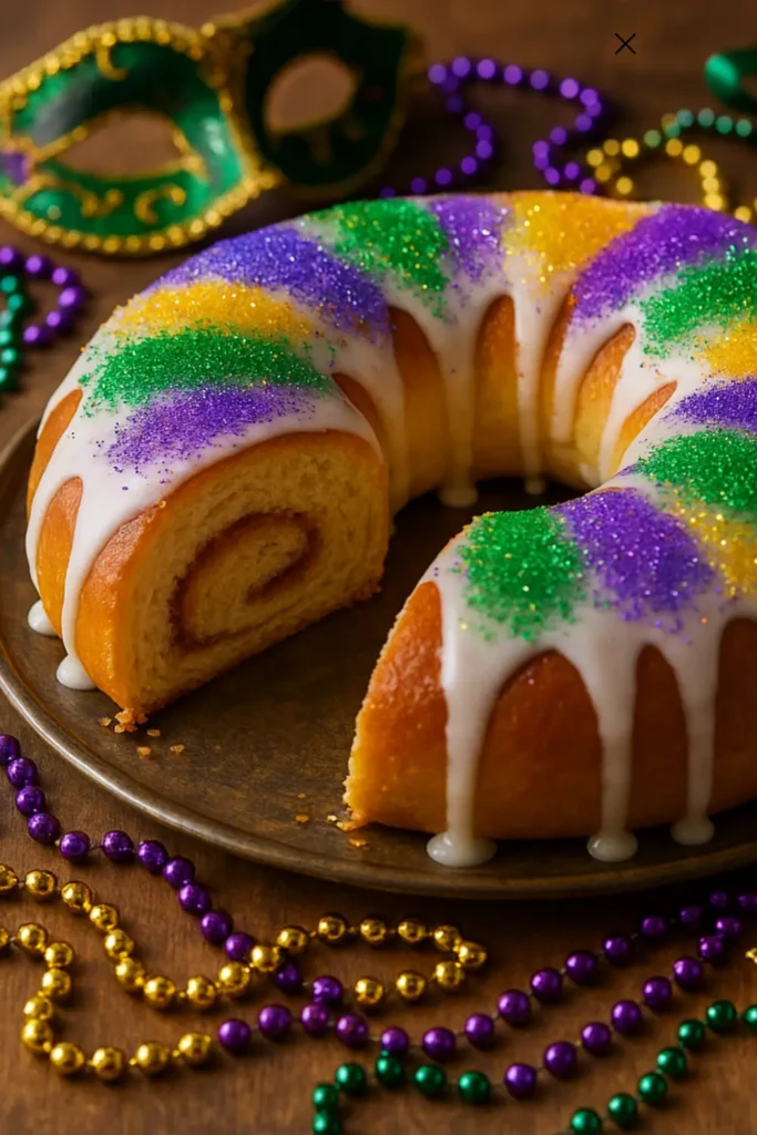 A slice of king cake served on a white plate with visible filling.