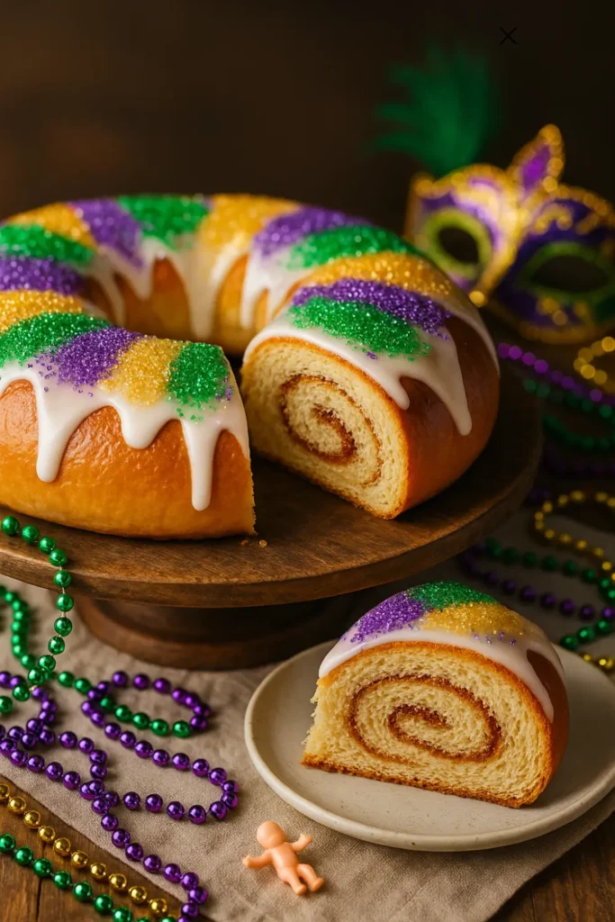Iced Mardi Gras king cake with sprinkles and a slice removed.