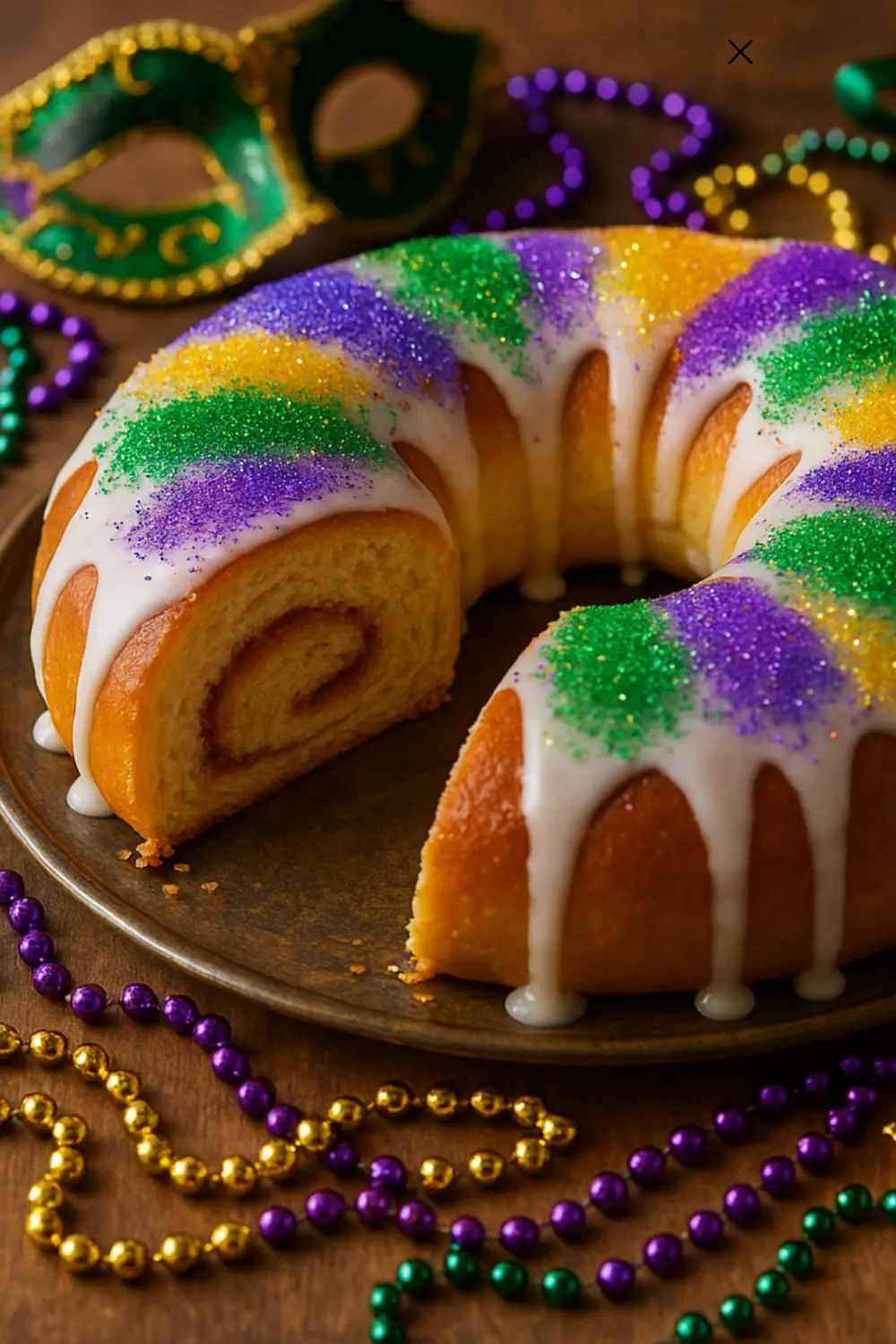 A slice of king cake served on a white plate with visible filling.