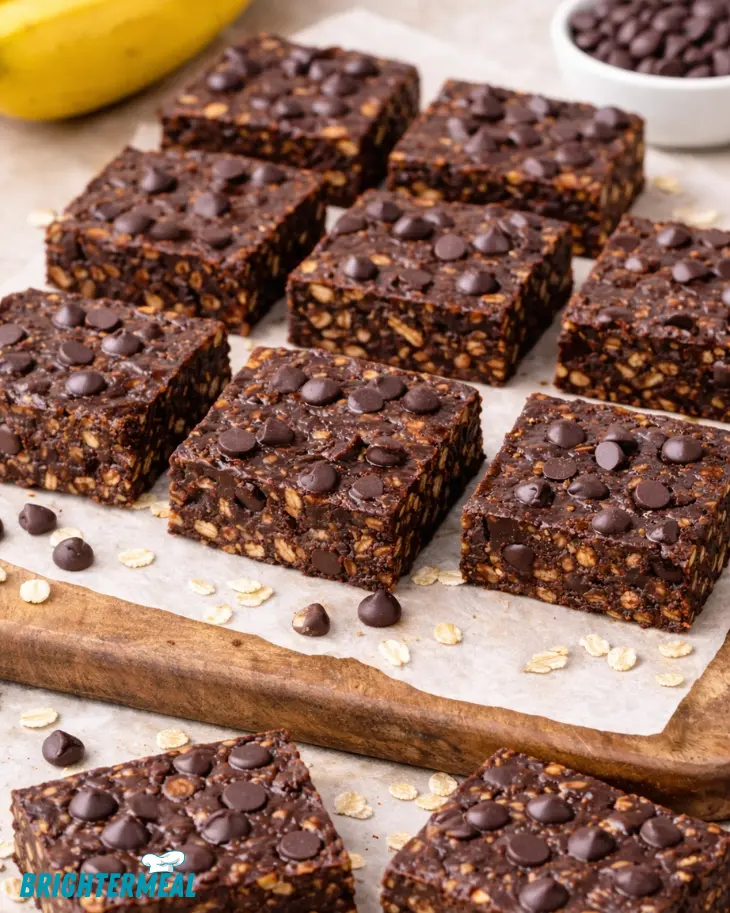 Chocolate banana no-bake squares sliced into squares