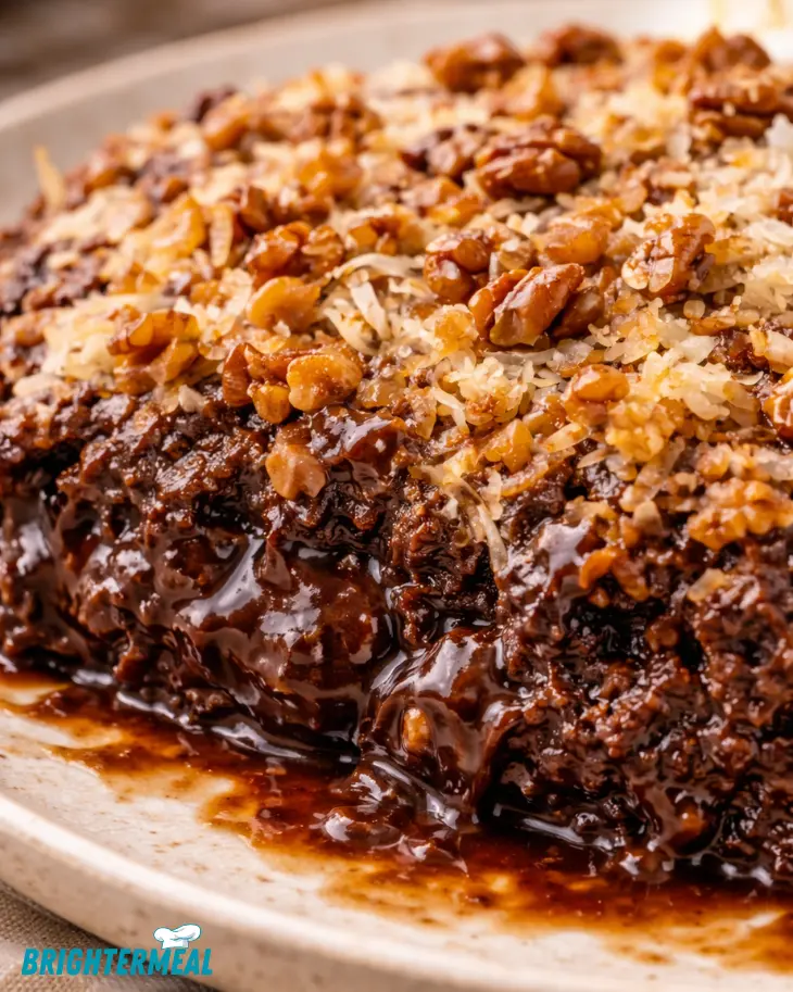 Chocolate dump cake topped with coconut and pecans