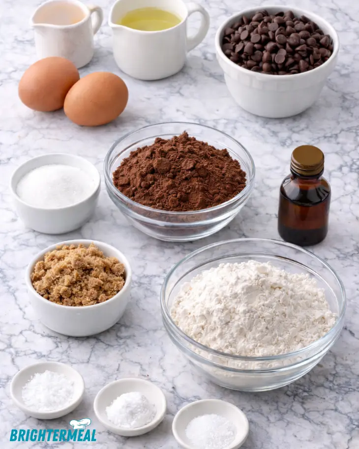 ingredients for double chocolate muffins on marble countertop
