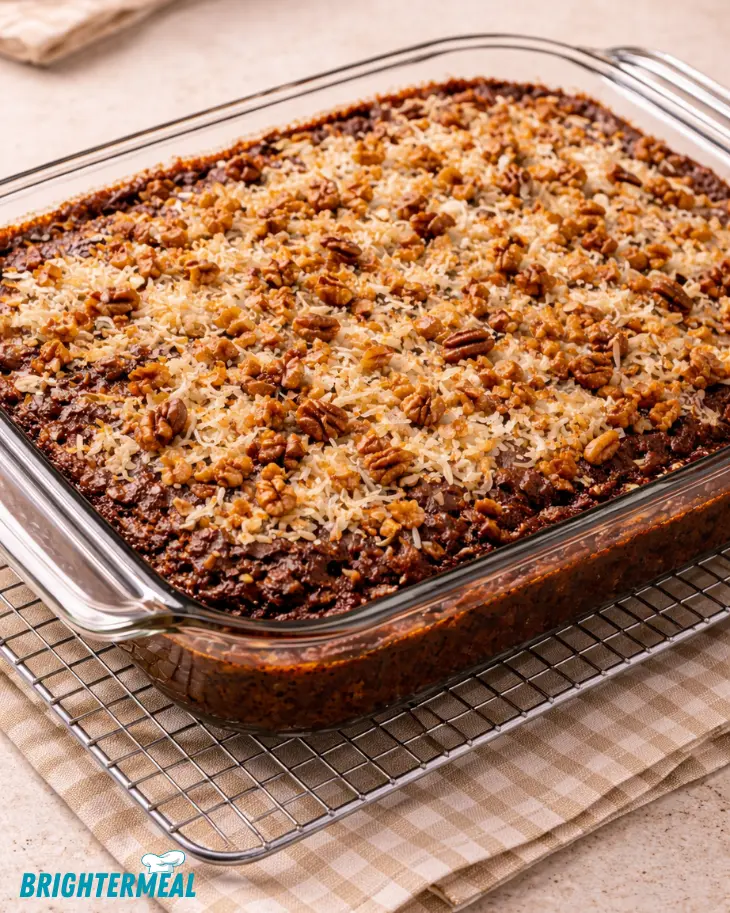 German chocolate dump cake baked in a glass dish