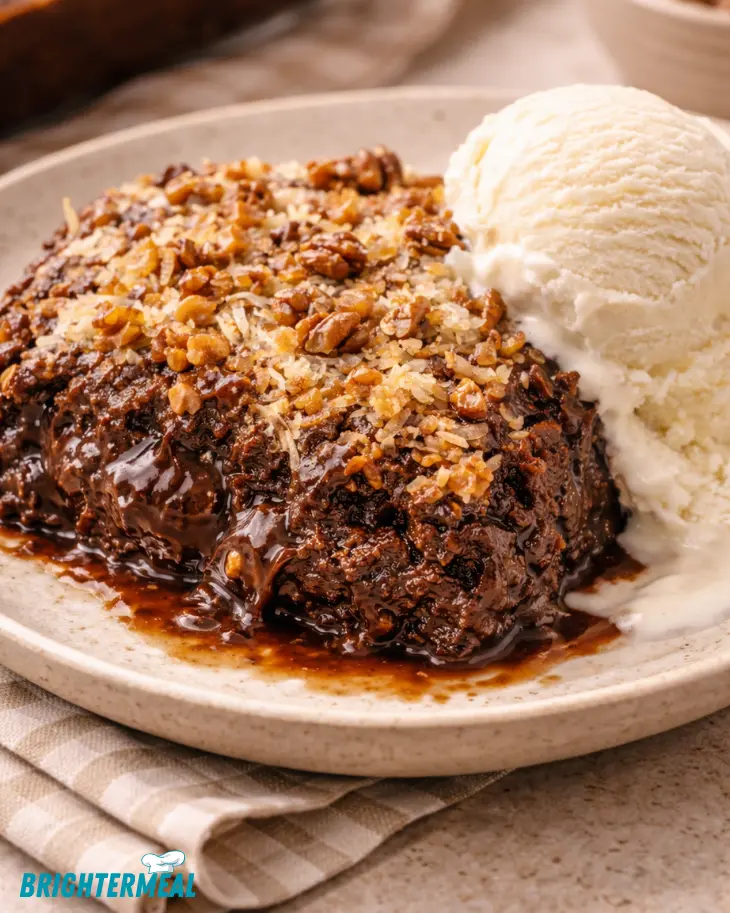 Warm German chocolate dump cake served with ice cream