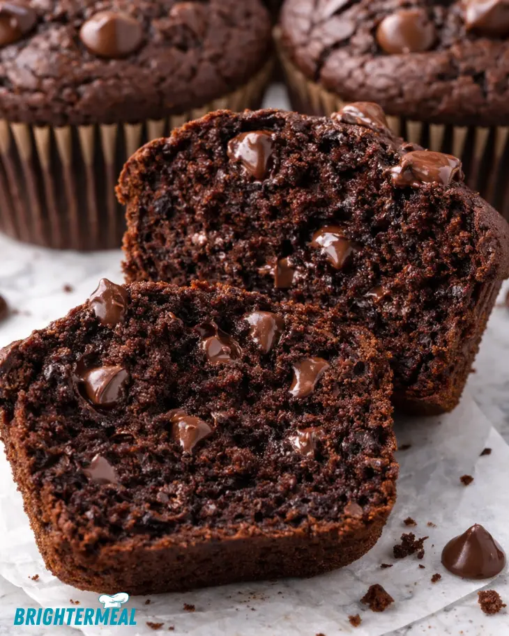 stacked double chocolate muffins with rich chocolate tops
